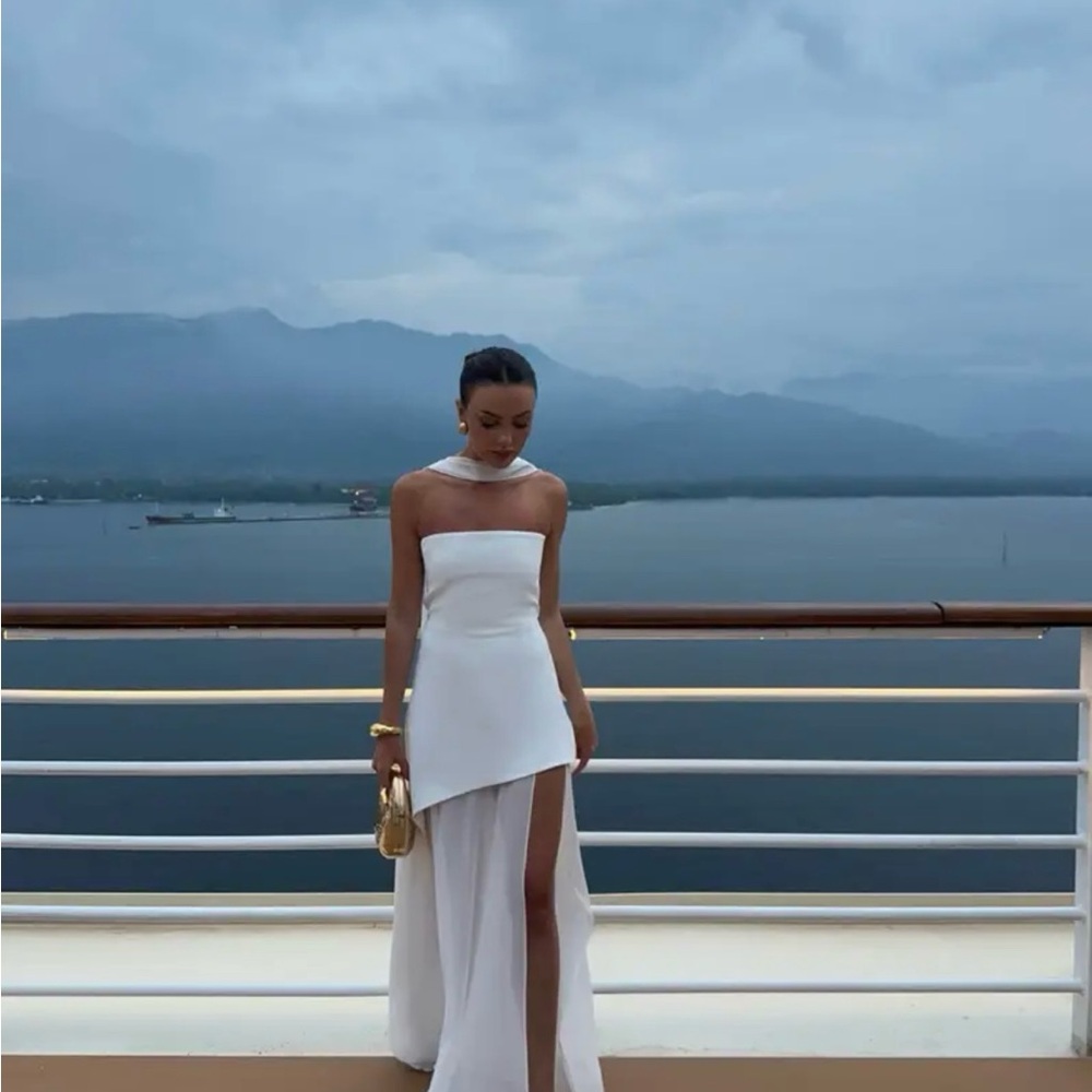 Matters Store Bridal Strapless White Asymmetrical Maxi Dress with High Slit